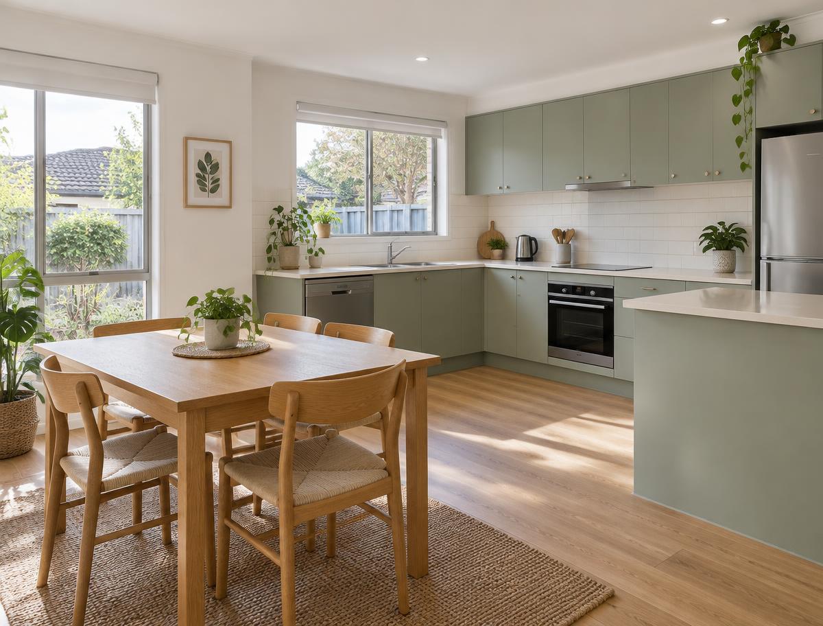 A furnished sage kitchen and timber dining table